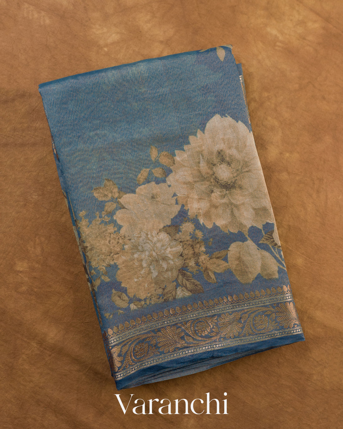 Ocean Blue Floral Digital Printed Pure Silk Cotton Tissue Saree — Folded