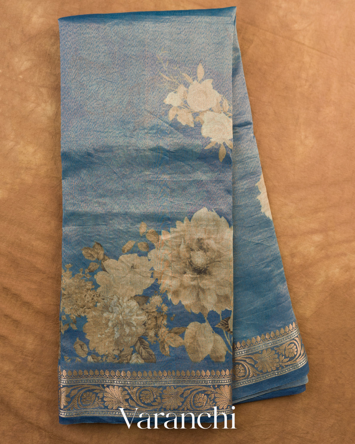 Ocean Blue Floral Digital Printed Pure Silk Cotton Tissue Saree — Full Saree