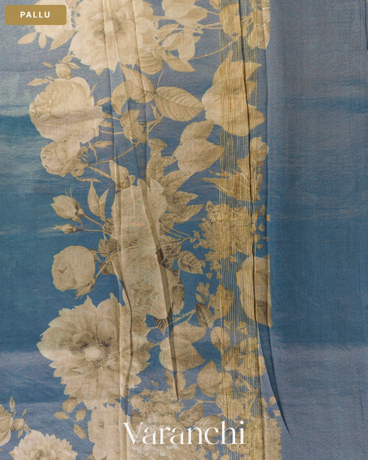Ocean Blue Floral Digital Printed Pure Silk Cotton Tissue Saree — Pallu