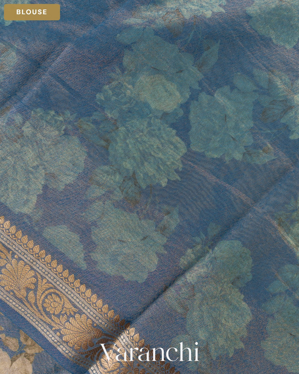 Ocean Blue Floral Digital Printed Pure Silk Cotton Tissue Saree — Blouse