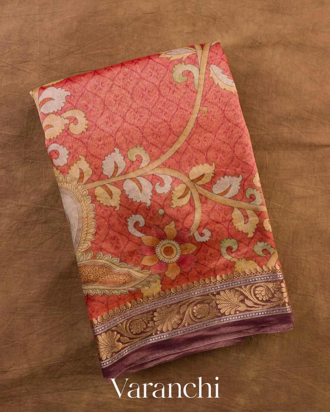 Coral Pink Floral Digital Printed Pure Silk Cotton Tissue Saree — Folded