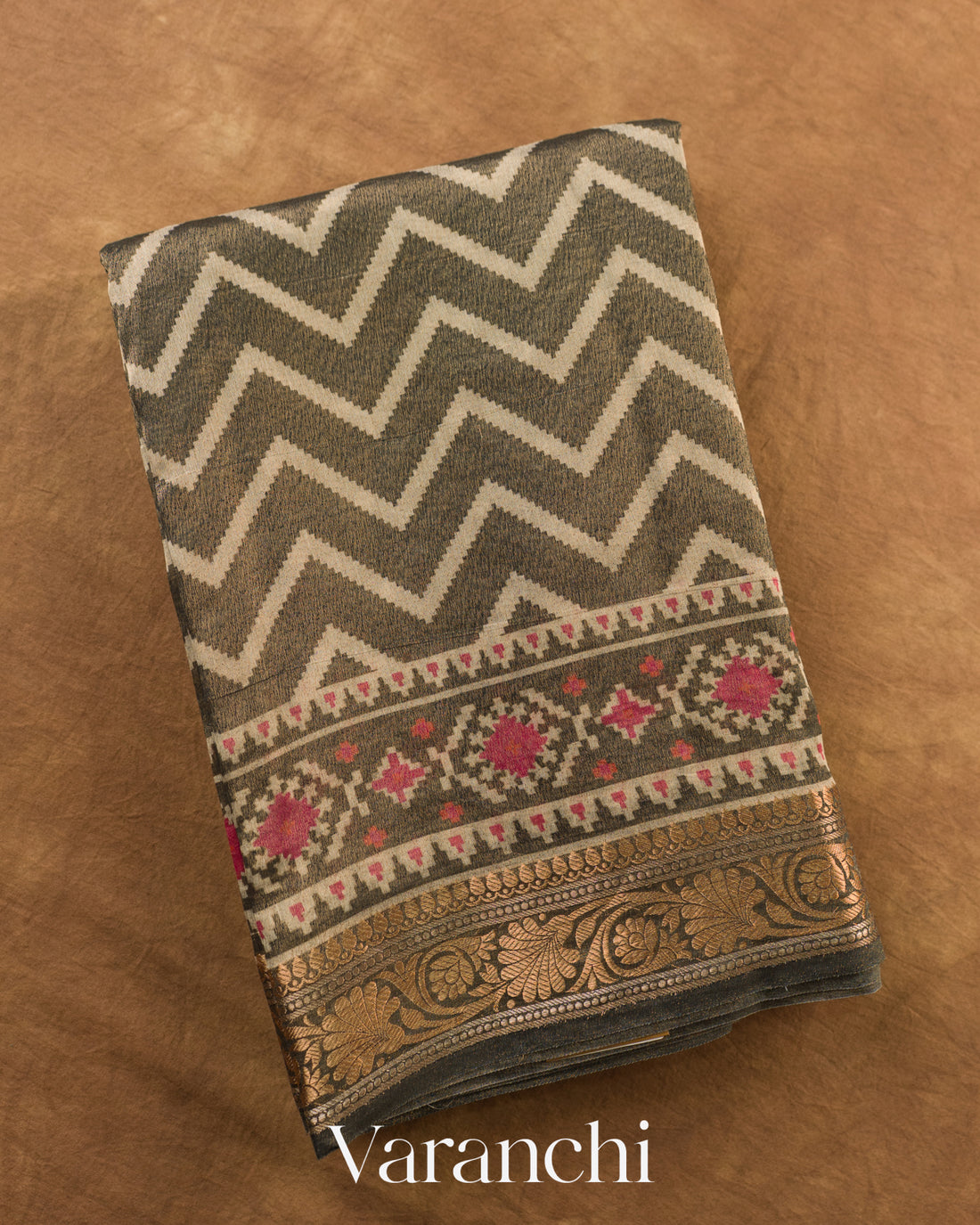 Black Patola Printed Pure Silk Cotton Tissue Saree — Folded