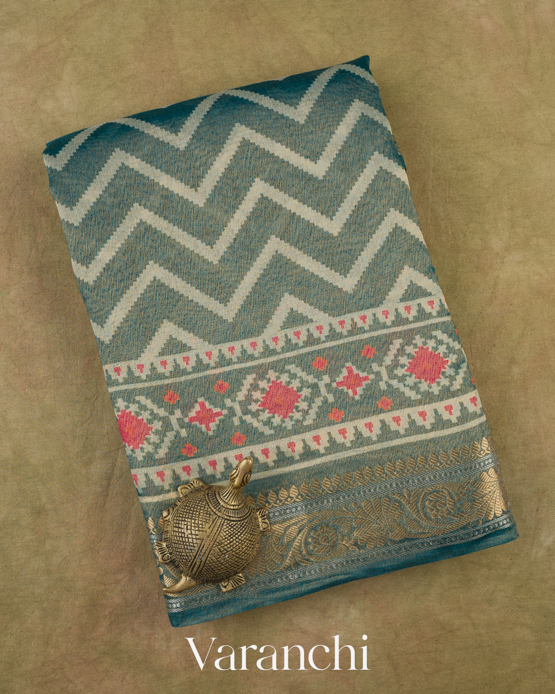 Teal Green Patola Printed Pure Silk Cotton Tissue Saree — Folded