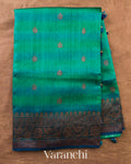 Rama Green Shibori Pure Raw Silk Handloom Saree — Full Saree