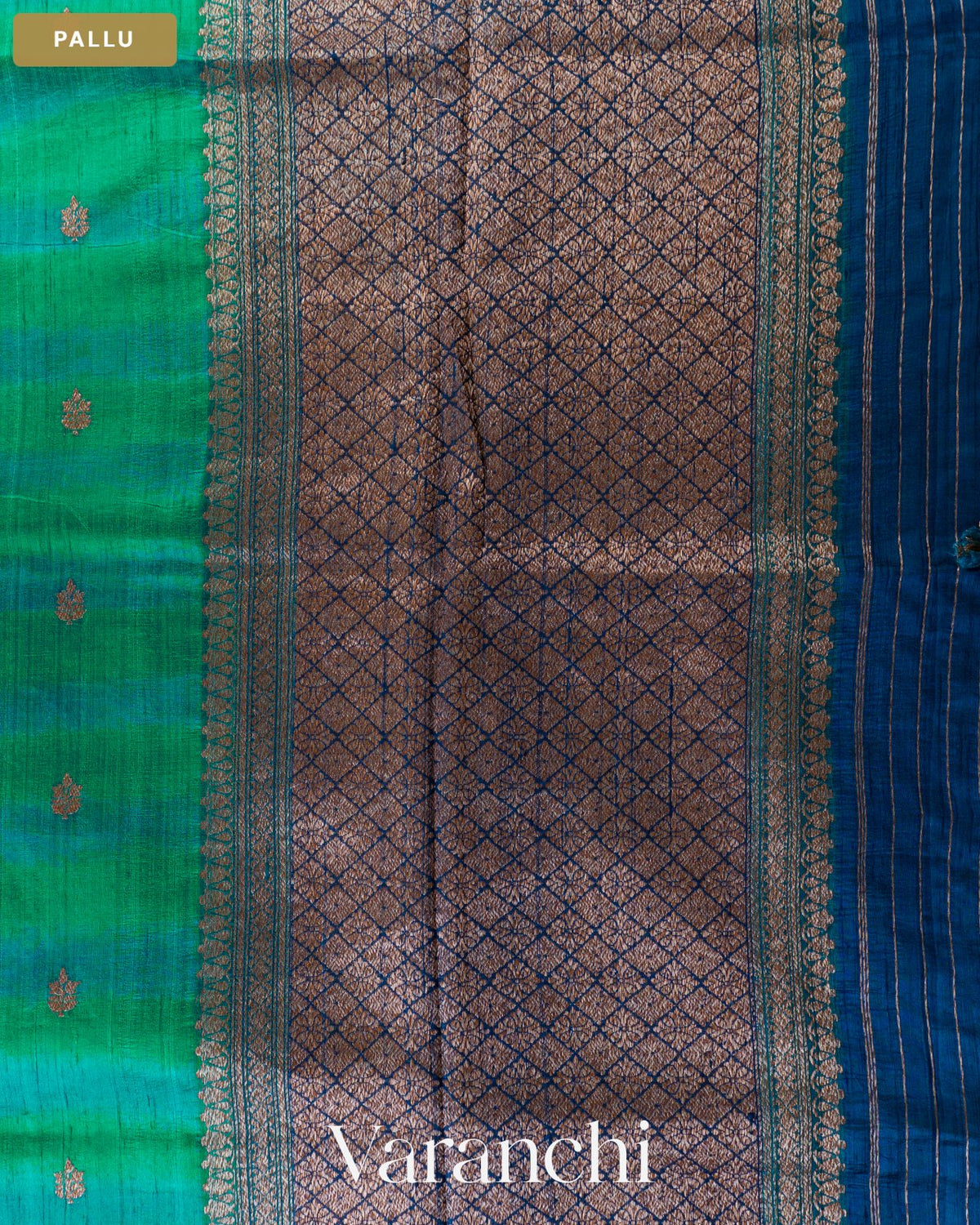 Rama Green Shibori Pure Raw Silk Handloom Saree — Pallu