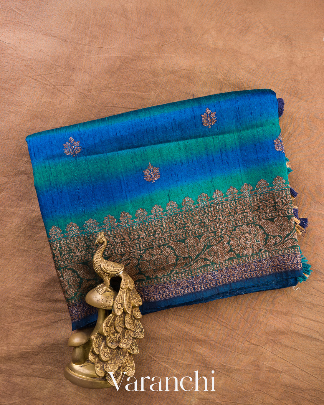 Ink Blue Shibori Pure Raw Silk Handloom Saree — Folded