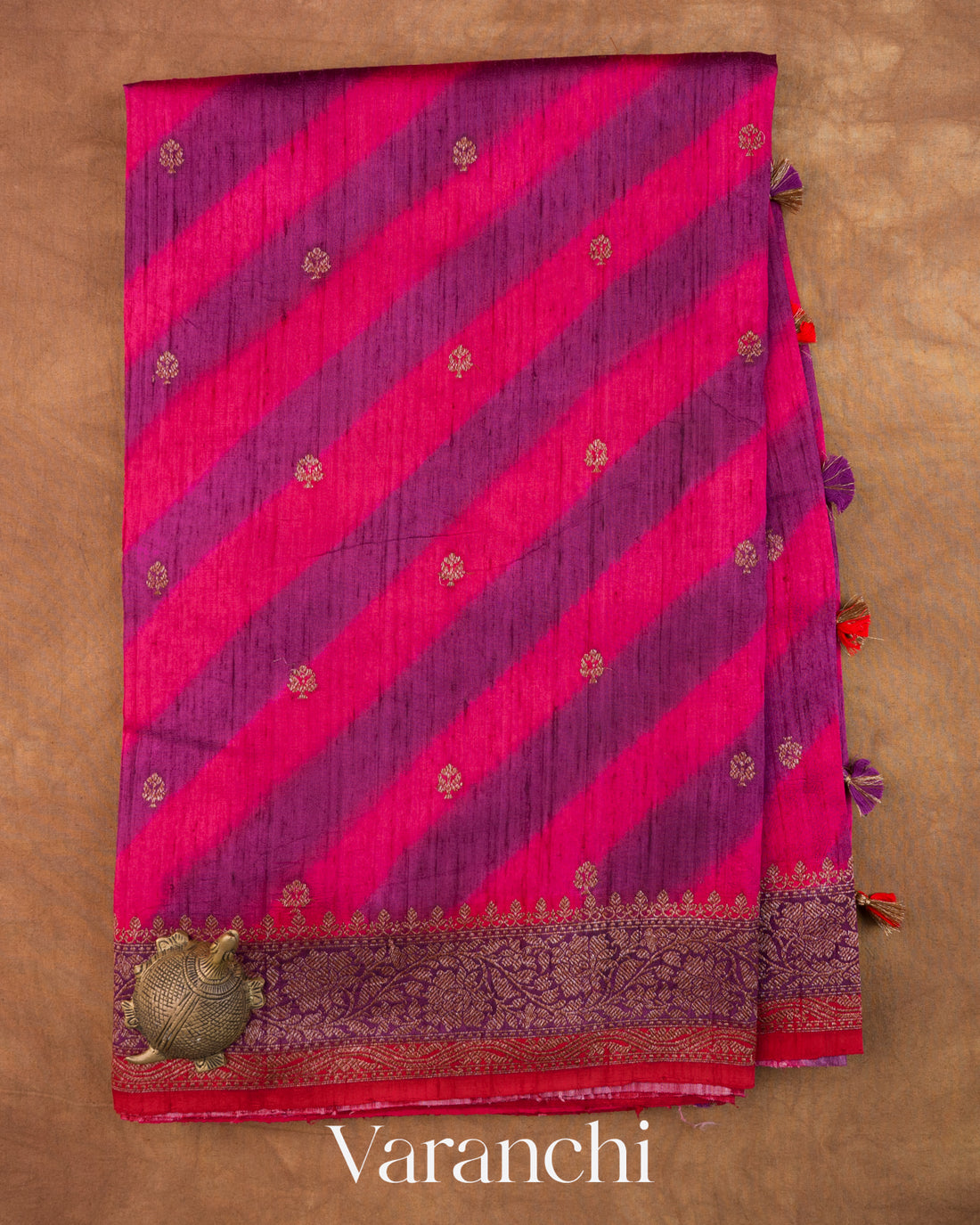 Magenta Lehariya Shibori Pure Raw Silk Handloom Saree — Full Saree