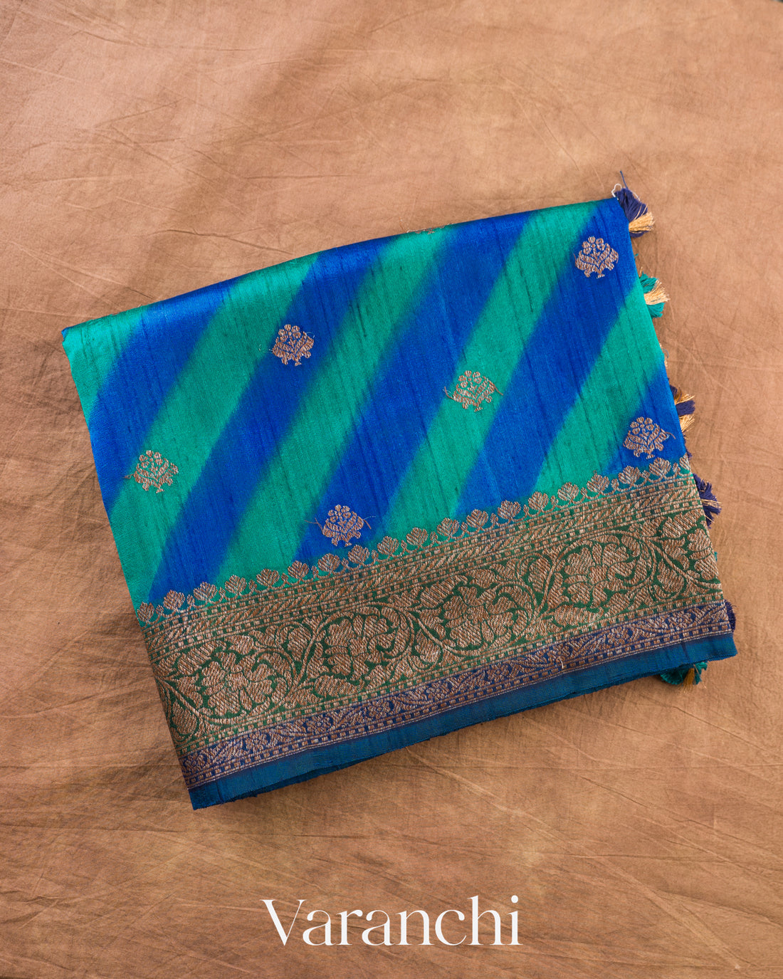 Ink Blue Lehariya Shibori Pure Raw Silk Handloom Saree — Folded