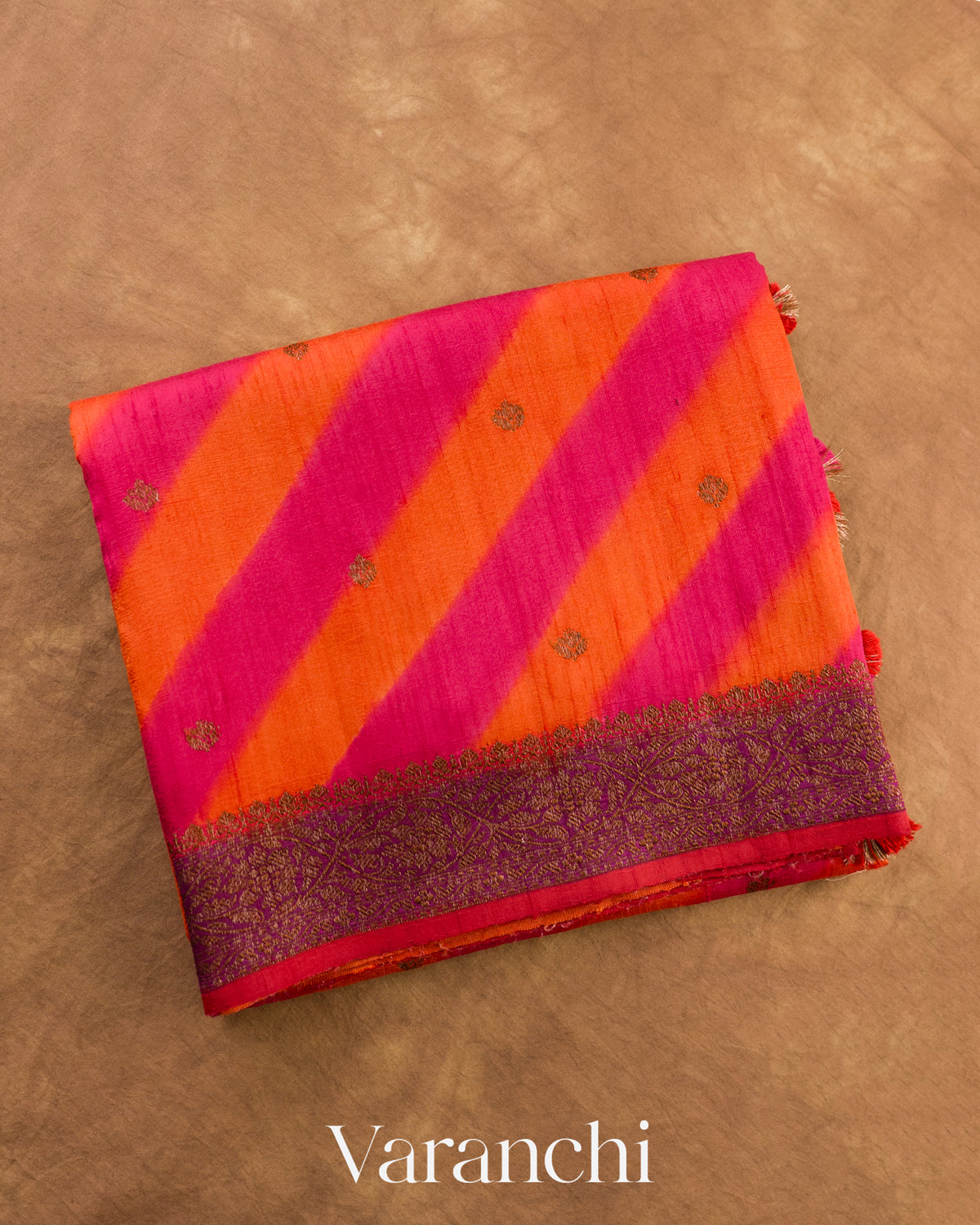 Orange Lehariya Shibori Pure Raw Silk Handloom Saree — Folded