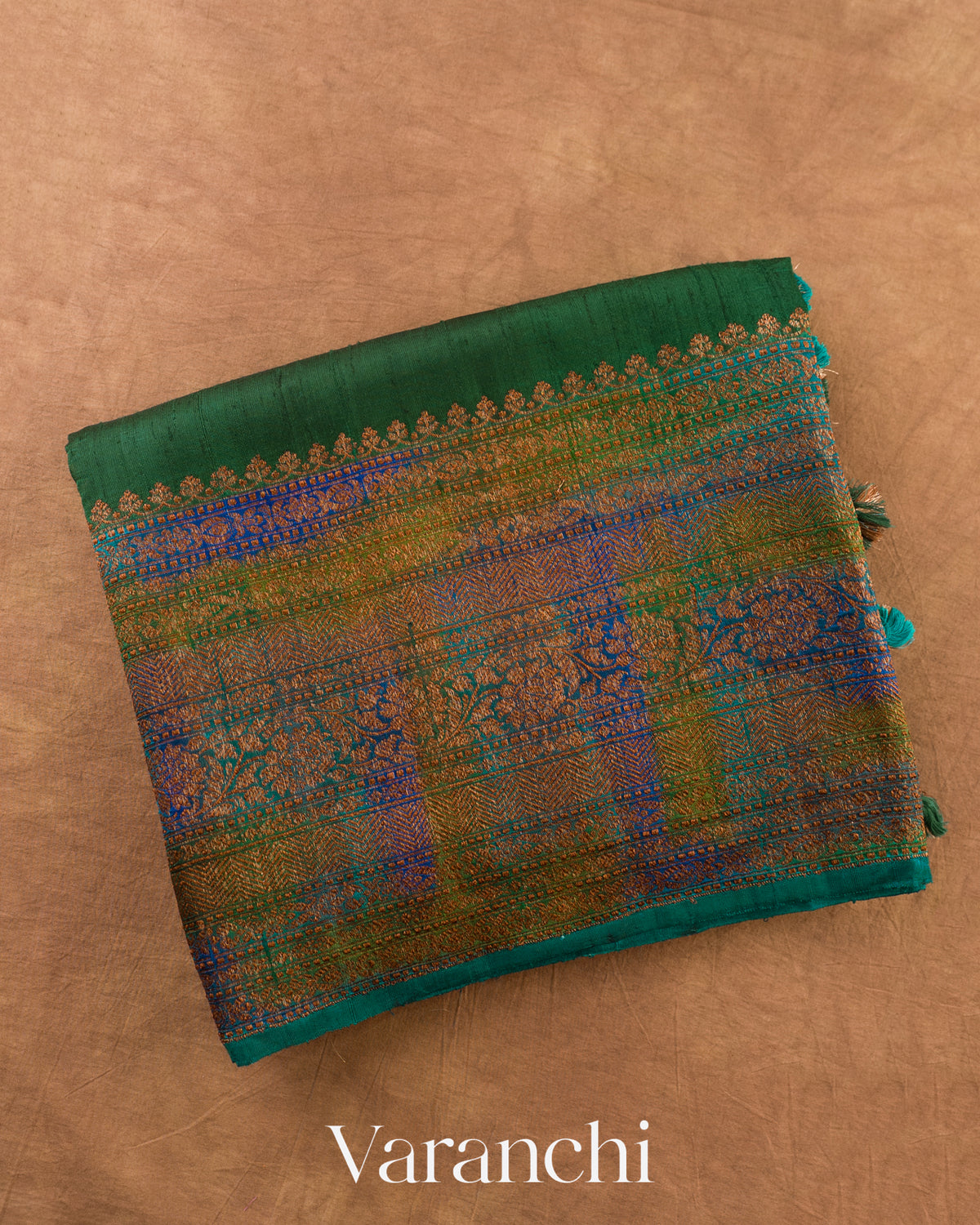 Bottle Green Hand Brushed Pure Raw Silk Handloom Saree — Folded
