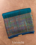 Deep Teal Blue Hand Brushed Pure Raw Silk Handloom Saree — Folded