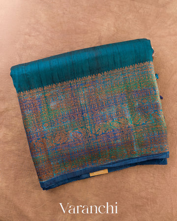 Deep Teal Blue Hand Brushed Pure Raw Silk Handloom Saree — Folded