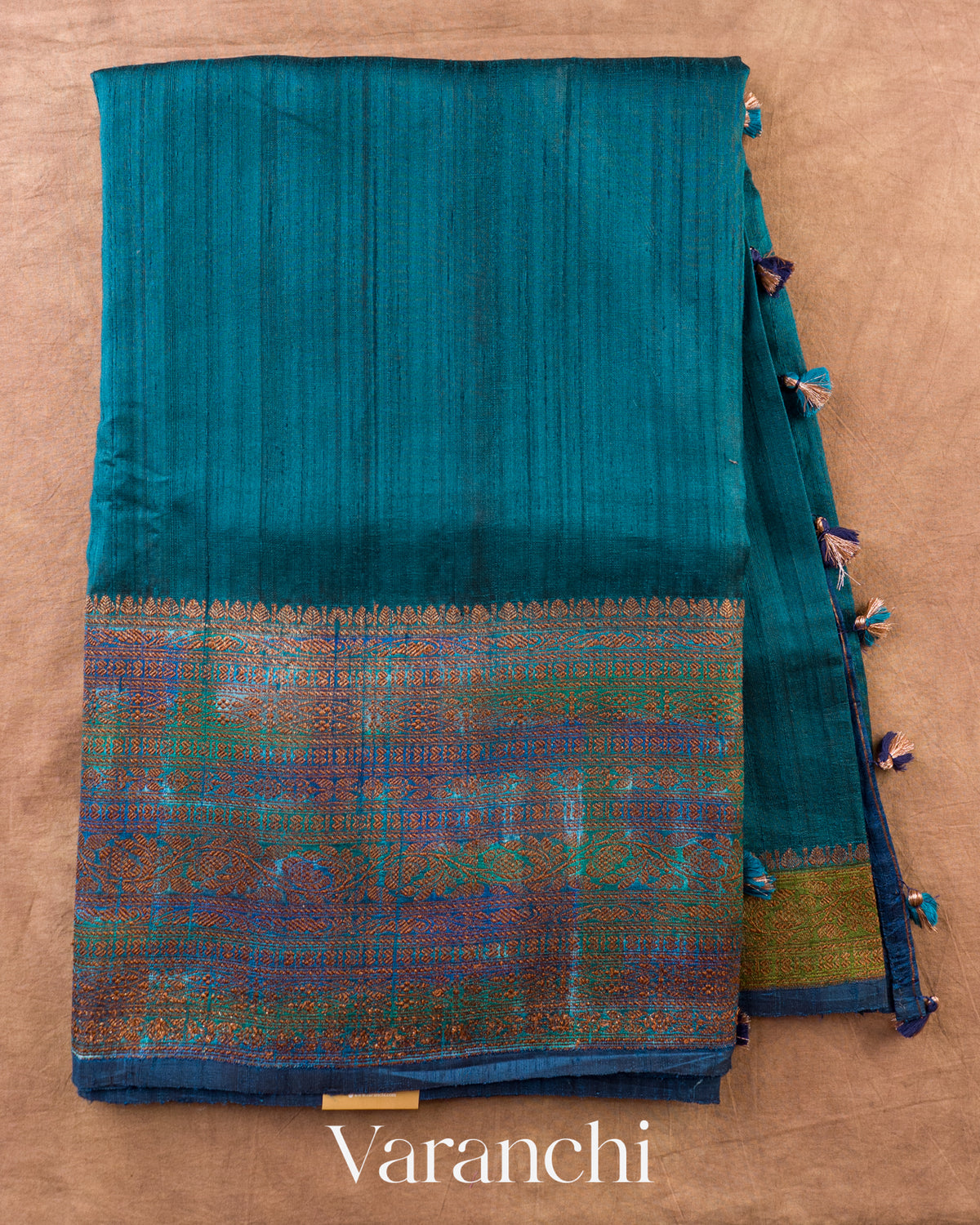 Deep Teal Blue Hand Brushed Pure Raw Silk Handloom Saree — Full Saree