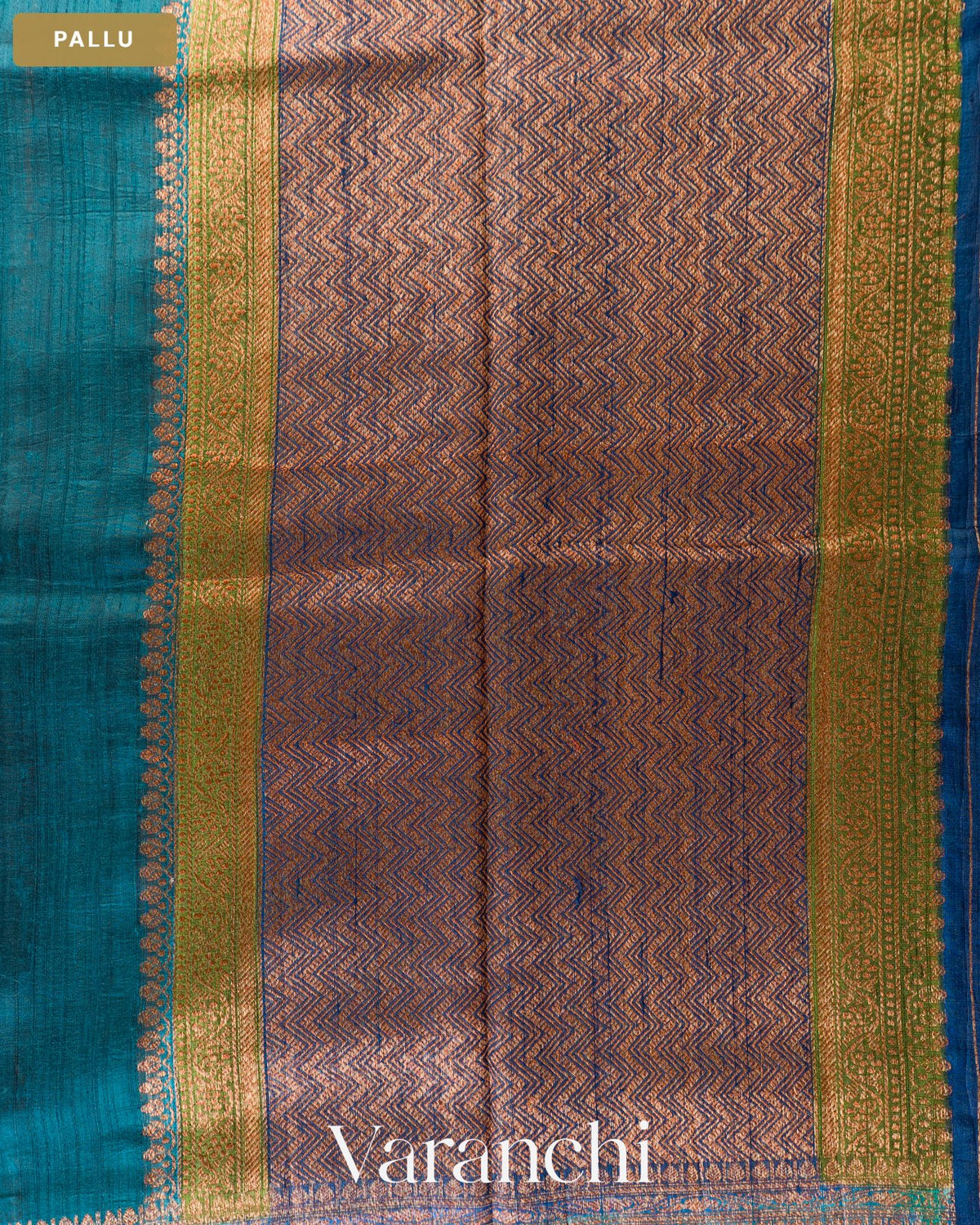 Deep Teal Blue Hand Brushed Pure Raw Silk Handloom Saree — Pallu