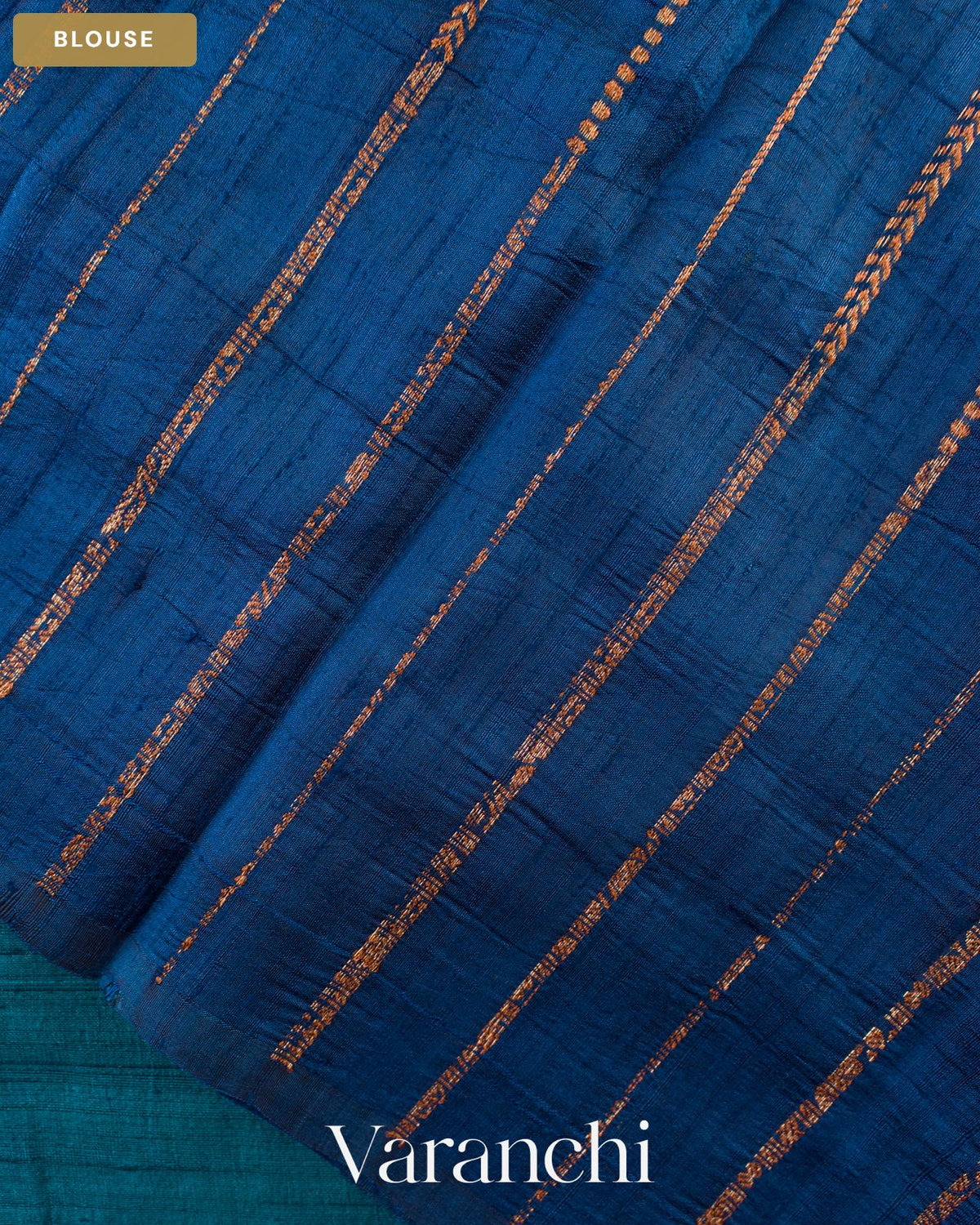 Deep Teal Blue Hand Brushed Pure Raw Silk Handloom Saree — Blouse