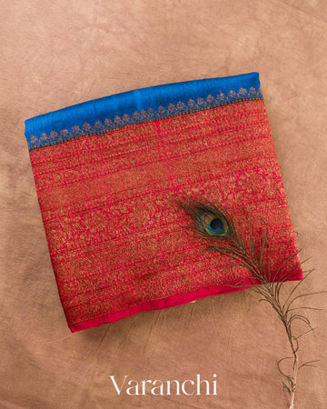 Royal Blue Pure Raw Silk Handloom Saree — Folded