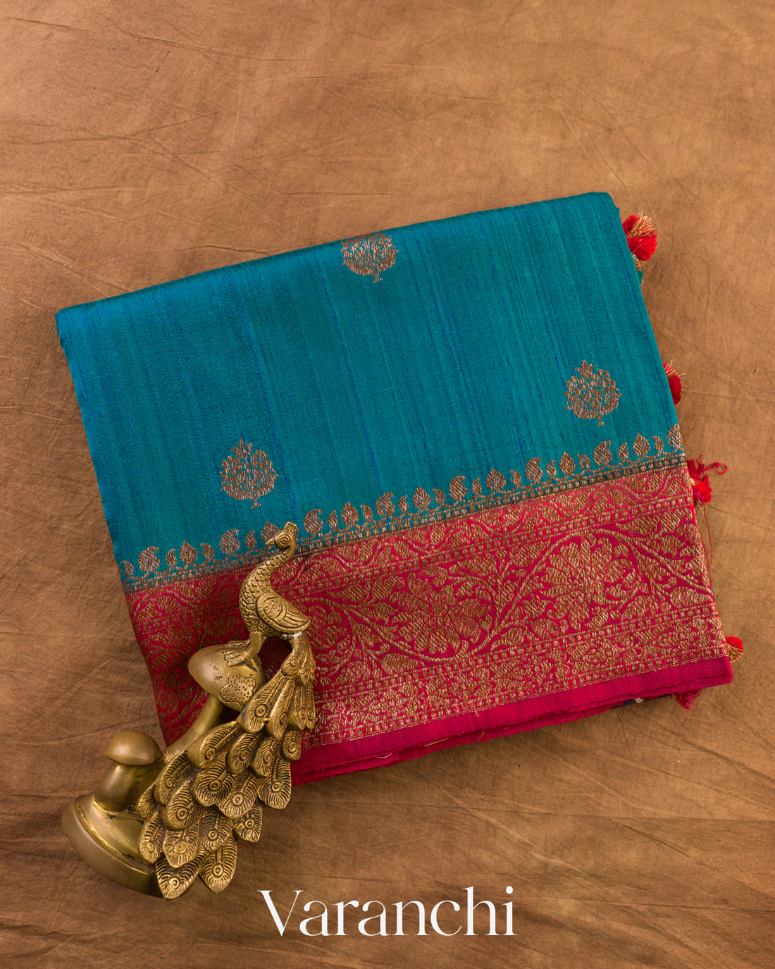 Peacock Blue Pure Raw Silk Handloom Saree — Folded