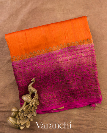 Deep Orange Pure Raw Silk Handloom Saree — Folded