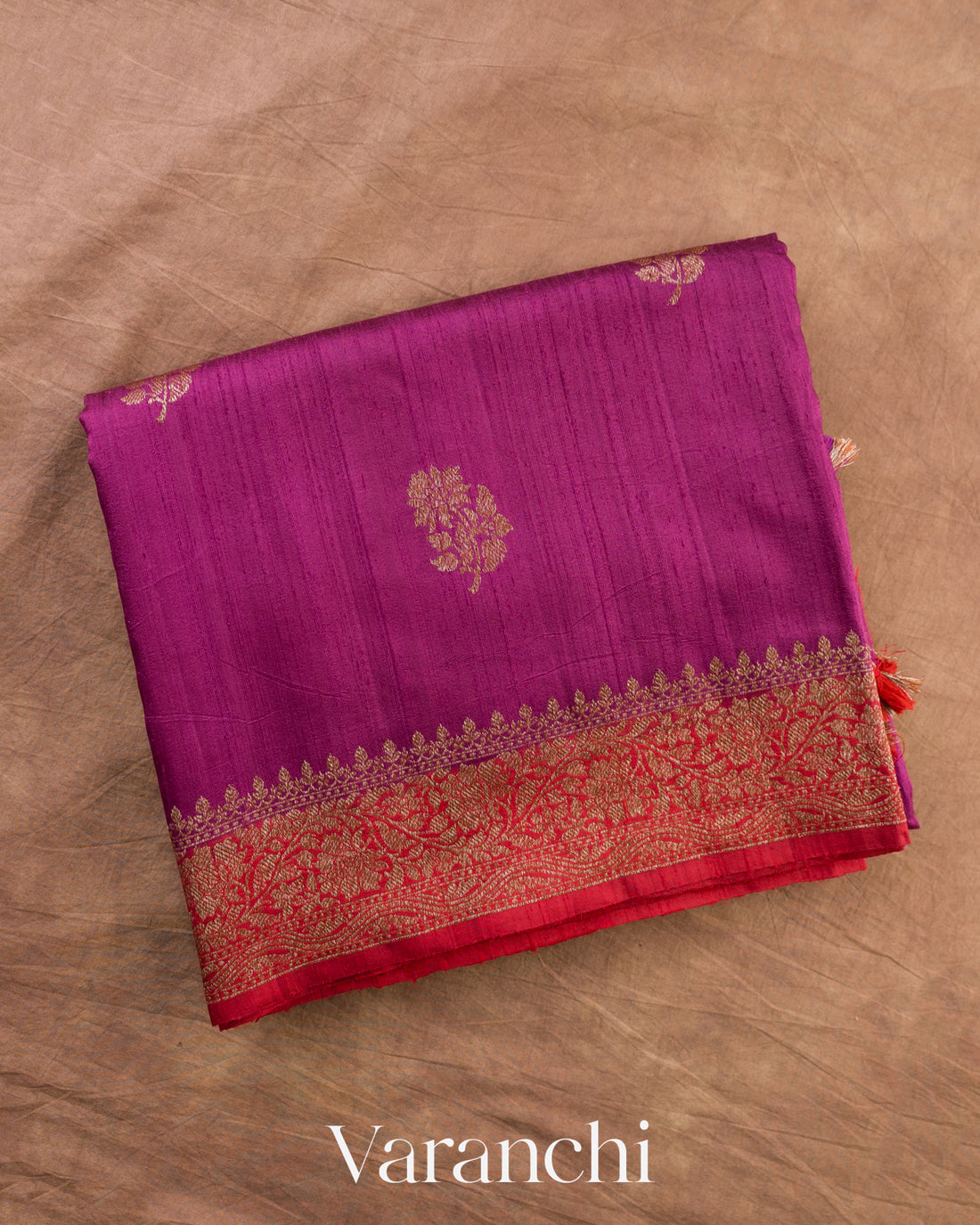 Wine Pure Raw Silk Handloom Saree — Folded