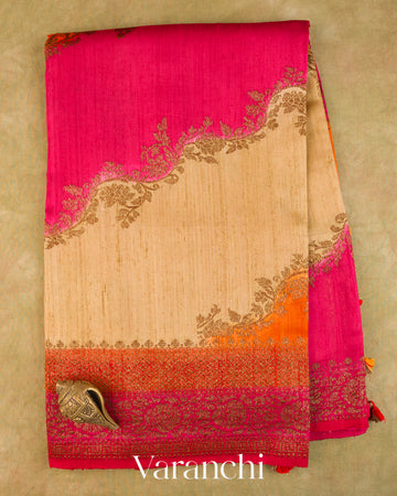 Magenta Tricolour Rangkaat Pure Raw Silk Handloom Saree — Full Saree