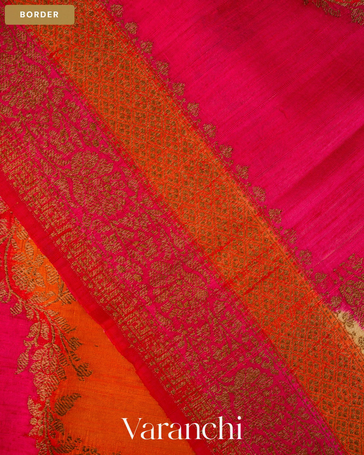Magenta Tricolour Rangkaat Pure Raw Silk Handloom Saree — Border