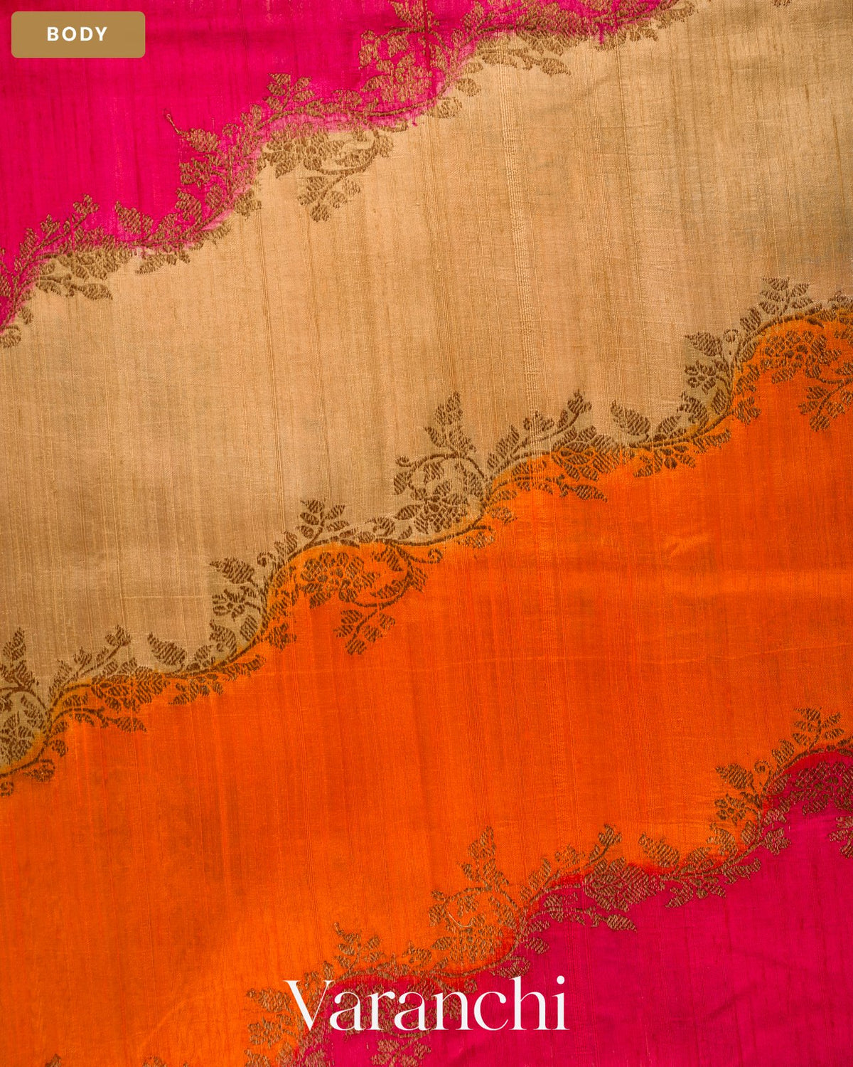 Magenta Tricolour Rangkaat Pure Raw Silk Handloom Saree — Body