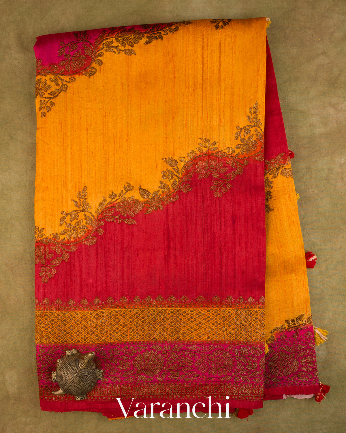 Mustard Yellow Tricolour Rangkaat Pure Raw Silk Handloom Saree — Full Saree