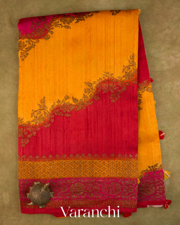 Mustard Yellow Tricolour Rangkaat Pure Raw Silk Handloom Saree — Full Saree