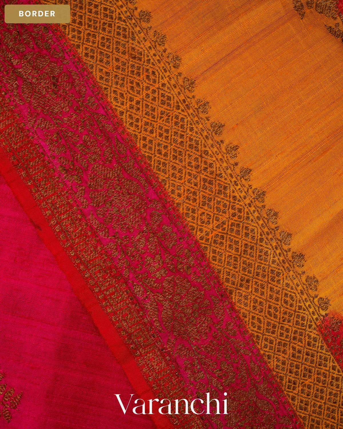 Mustard Yellow Tricolour Rangkaat Pure Raw Silk Handloom Saree — Border