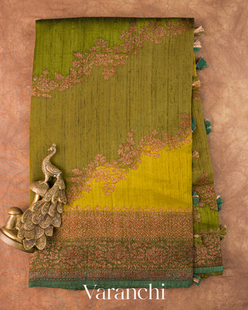 Olive Green Tricolour Rangkaat Pure Raw Silk Handloom Saree — Full Saree