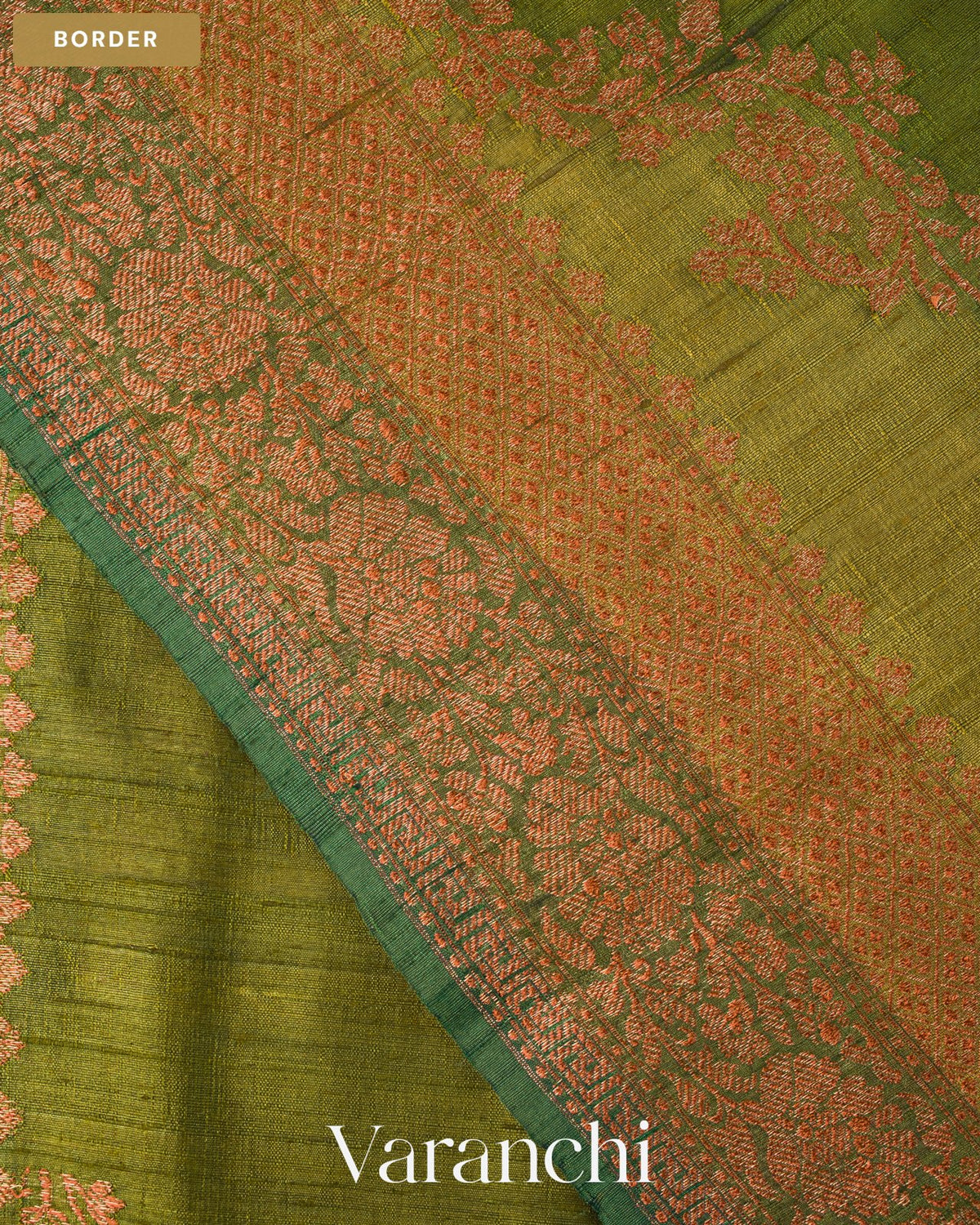 Olive Green Tricolour Rangkaat Pure Raw Silk Handloom Saree — Border