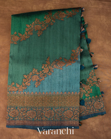 Bottle Green Tricolour Rangkaat Pure Raw Silk Handloom Saree — Full Saree