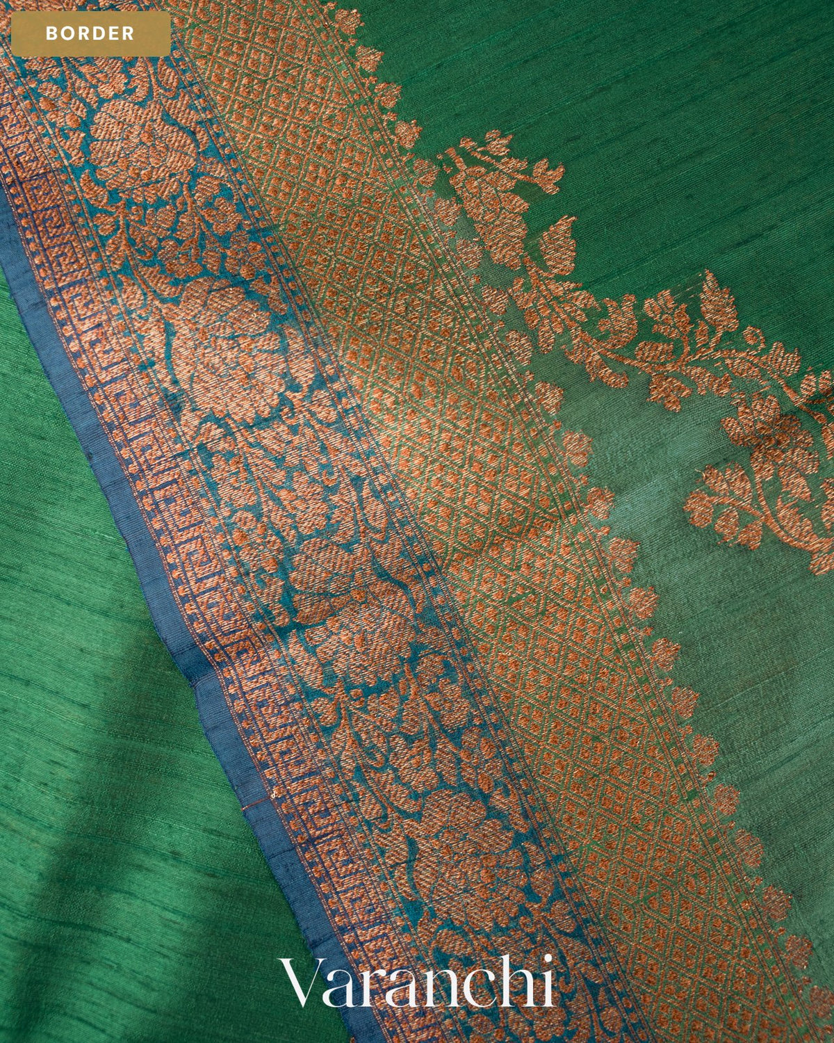 Bottle Green Tricolour Rangkaat Pure Raw Silk Handloom Saree — Border