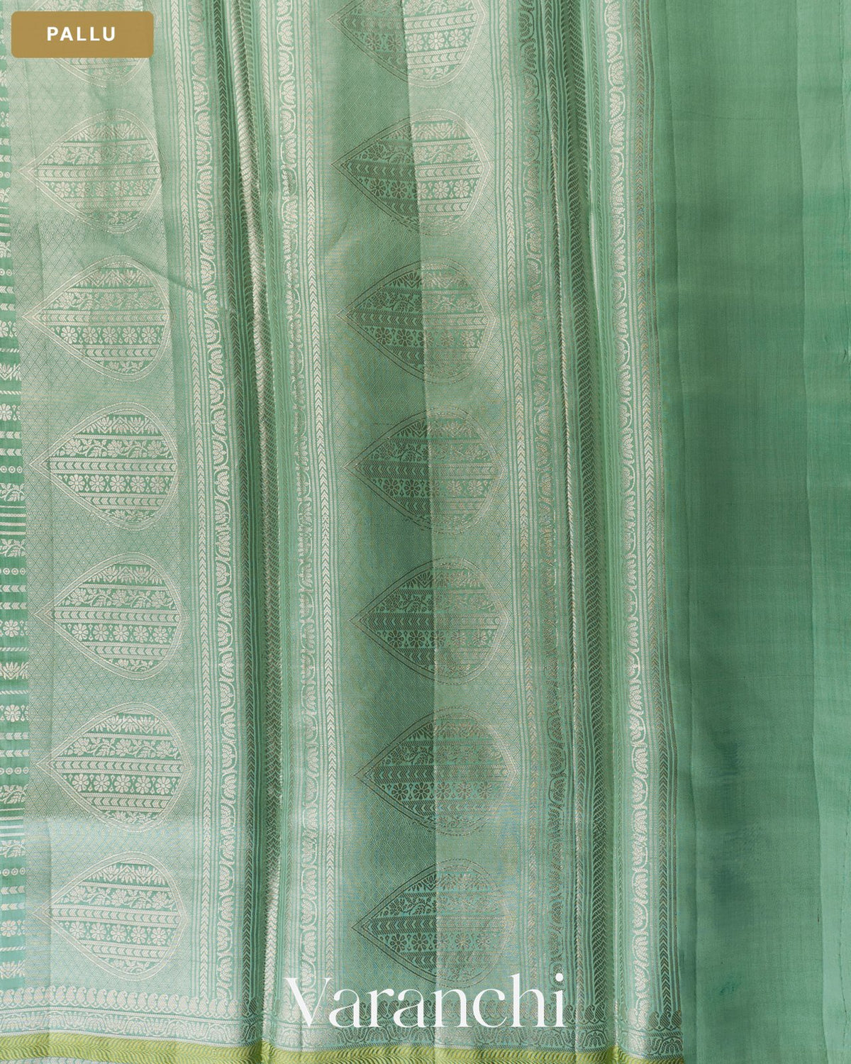 Sea Green Striped Pure Chiniya Silk Saree — Pallu
