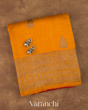 Turmeric Yellow Pure Raw Silk Handloom Saree — Folded