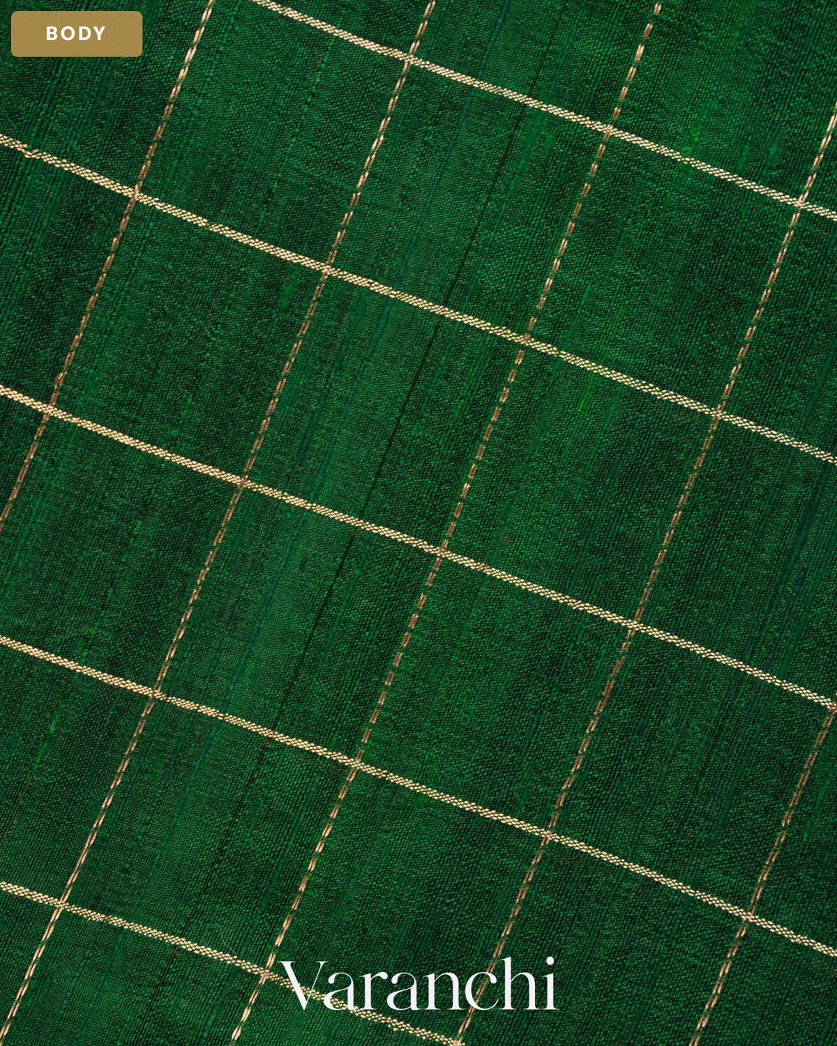 Bottle Green Checkered Pure Raw Silk Handloom Saree — Body