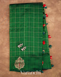 Bottle Green Checkered Pure Raw Silk Handloom Saree — Full Saree