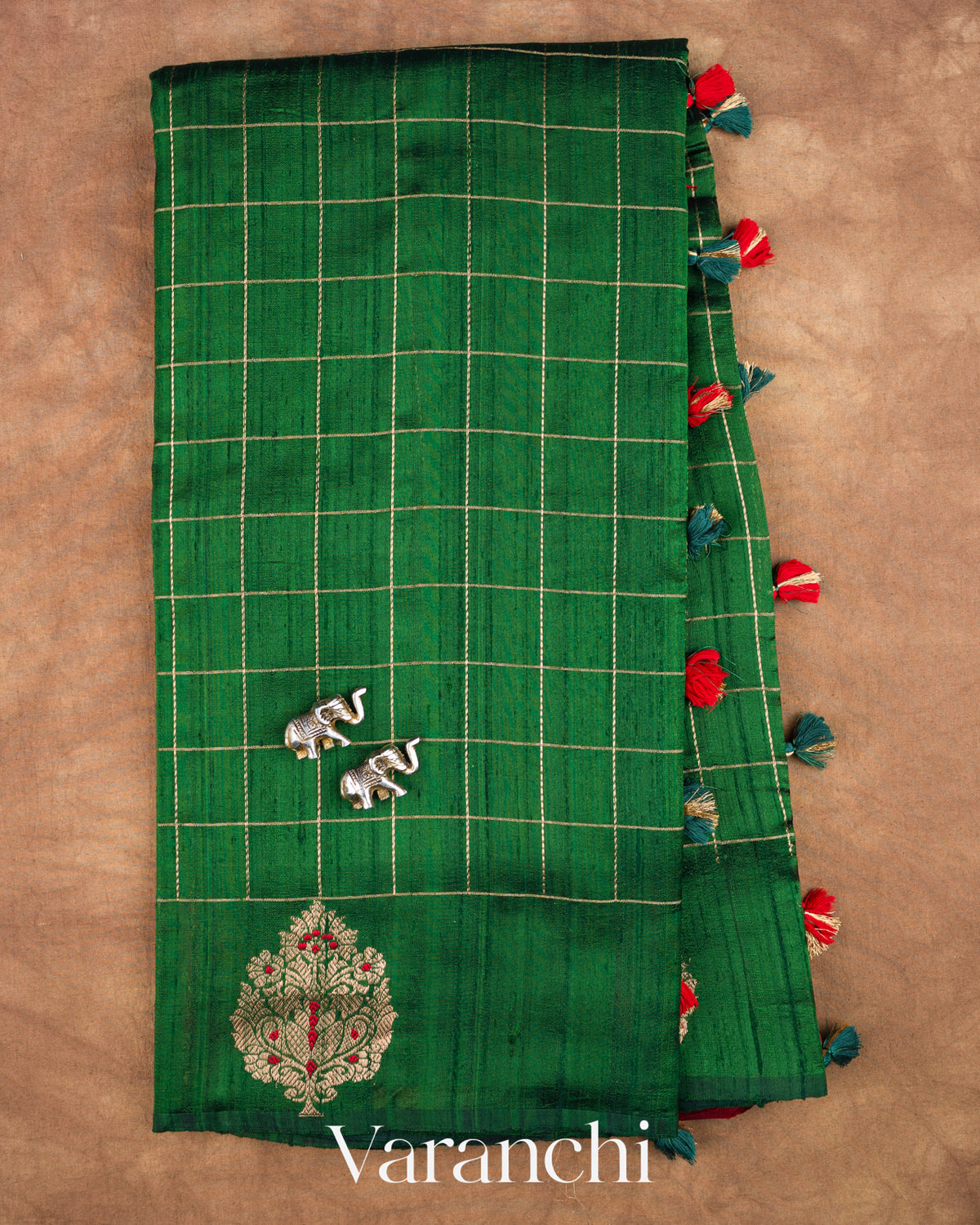 Bottle Green Checkered Pure Raw Silk Handloom Saree — Full Saree