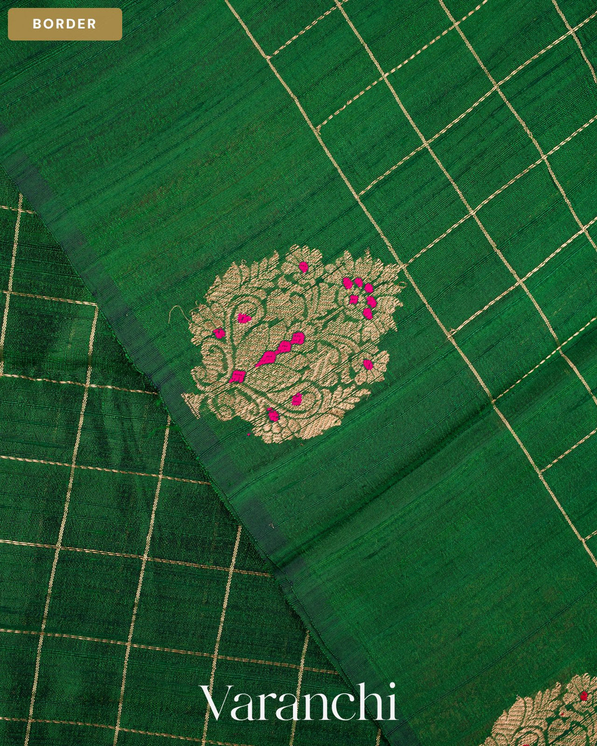 Bottle Green Checkered Pure Raw Silk Handloom Saree — Border