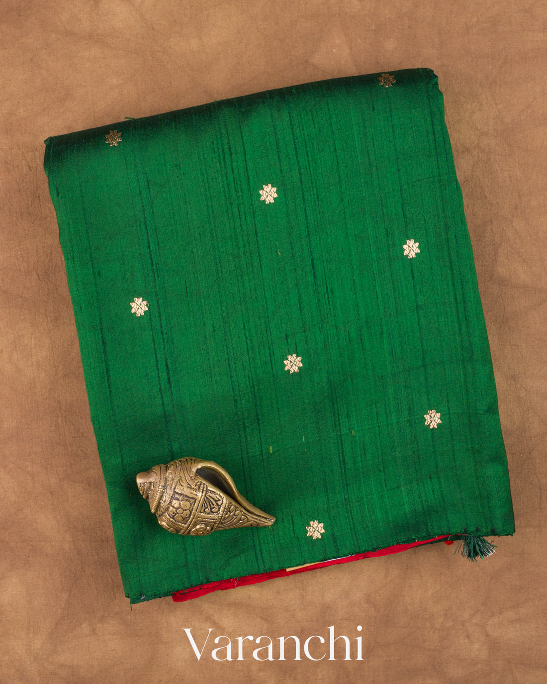 Bottle Green Pure Raw Silk Handloom Saree — Folded