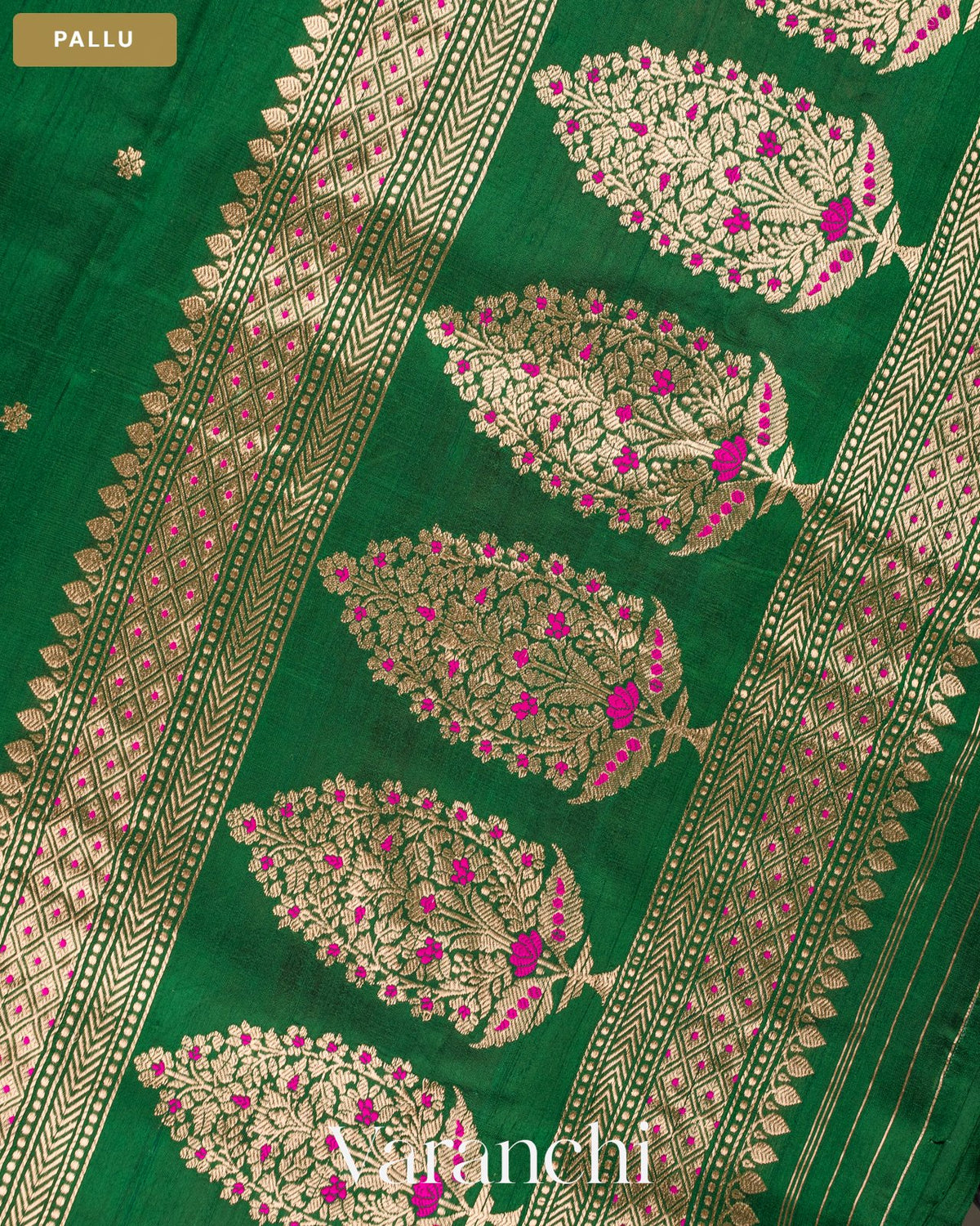 Bottle Green Pure Raw Silk Handloom Saree — Pallu