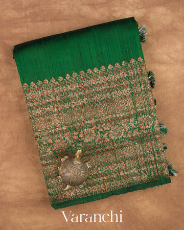 Bottle Green Pure Raw Silk Handloom Saree — Folded