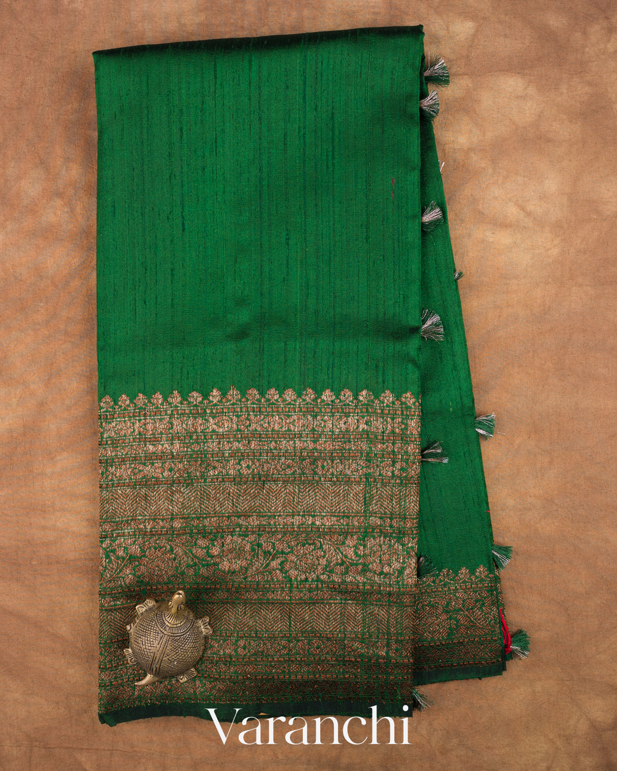 Bottle Green Pure Raw Silk Handloom Saree — Full Saree