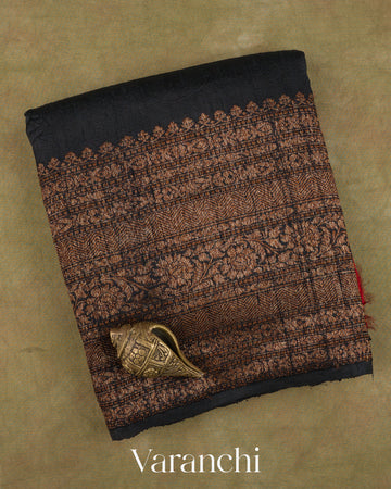 Black Pure Raw Silk Handloom Saree — Folded