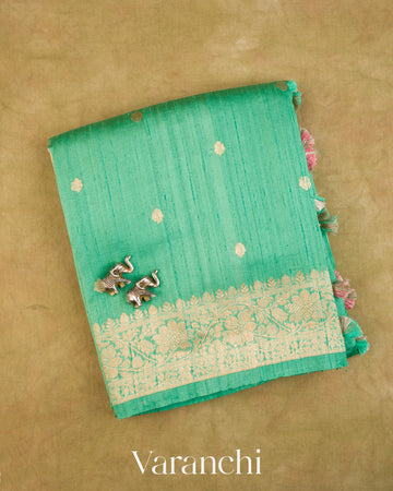 Aqua Green Pure Raw Silk Handloom Saree — Folded