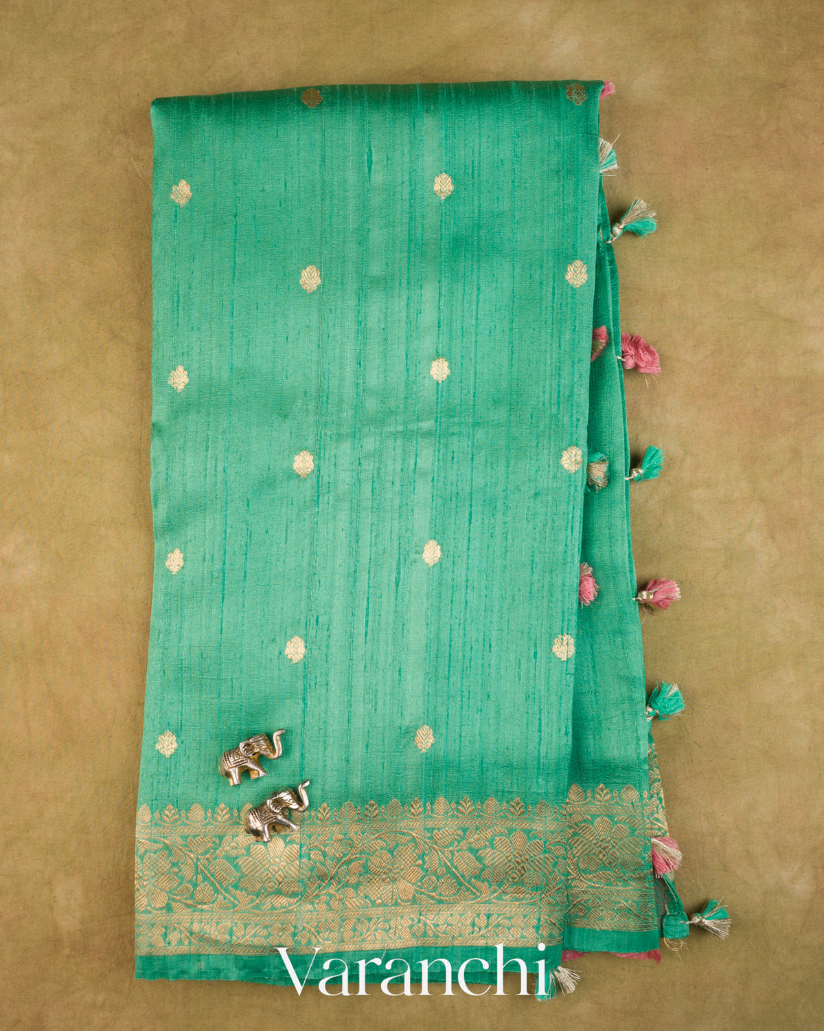 Aqua Green Pure Raw Silk Handloom Saree — Full Saree