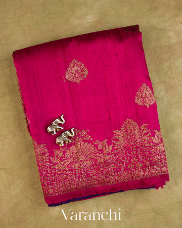 Deep Magenta Pure Raw Silk Handloom Saree — Folded