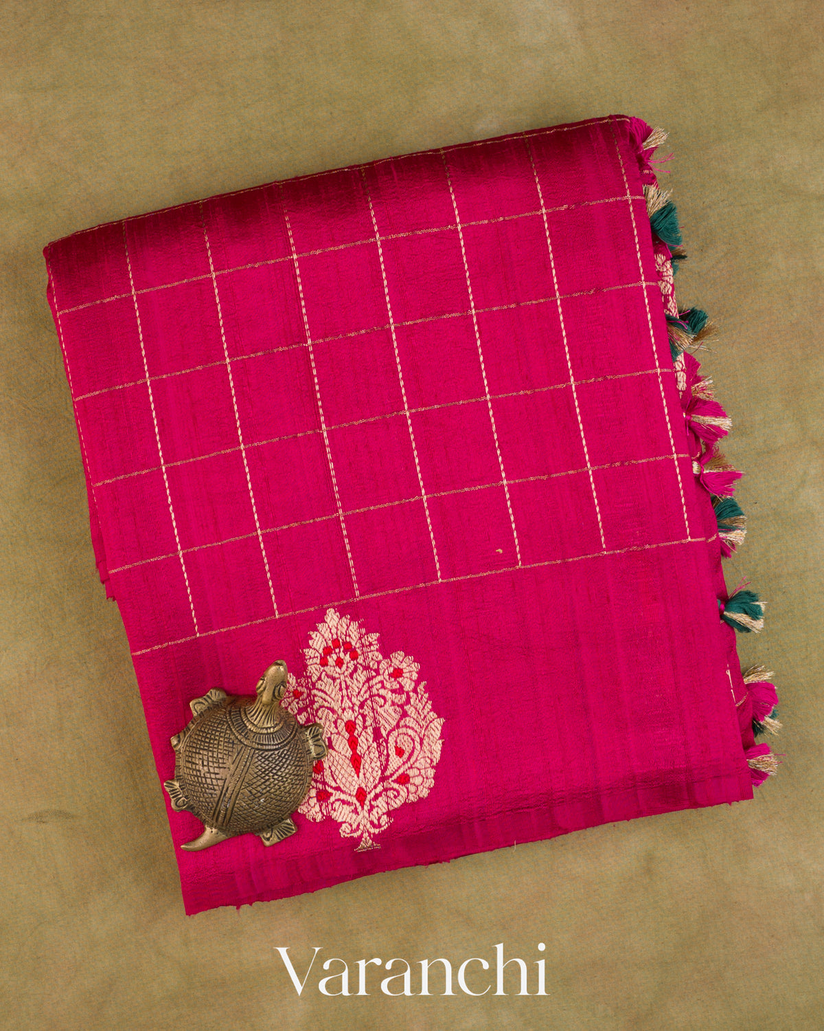 Rani Pink Checkered Pure Raw Silk Handloom Saree — Folded