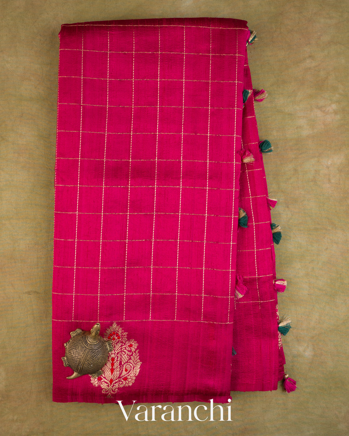 Rani Pink Checkered Pure Raw Silk Handloom Saree — Full Saree