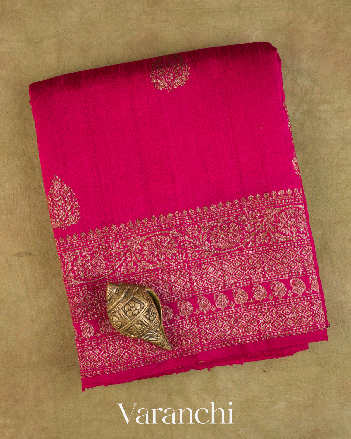 Rani Pink Pure Raw Silk Handloom Saree — Folded